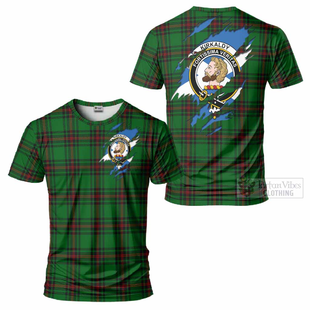 Kirkaldy Clan Crest In Me Tartan T-Shirt Scotland Flag Style