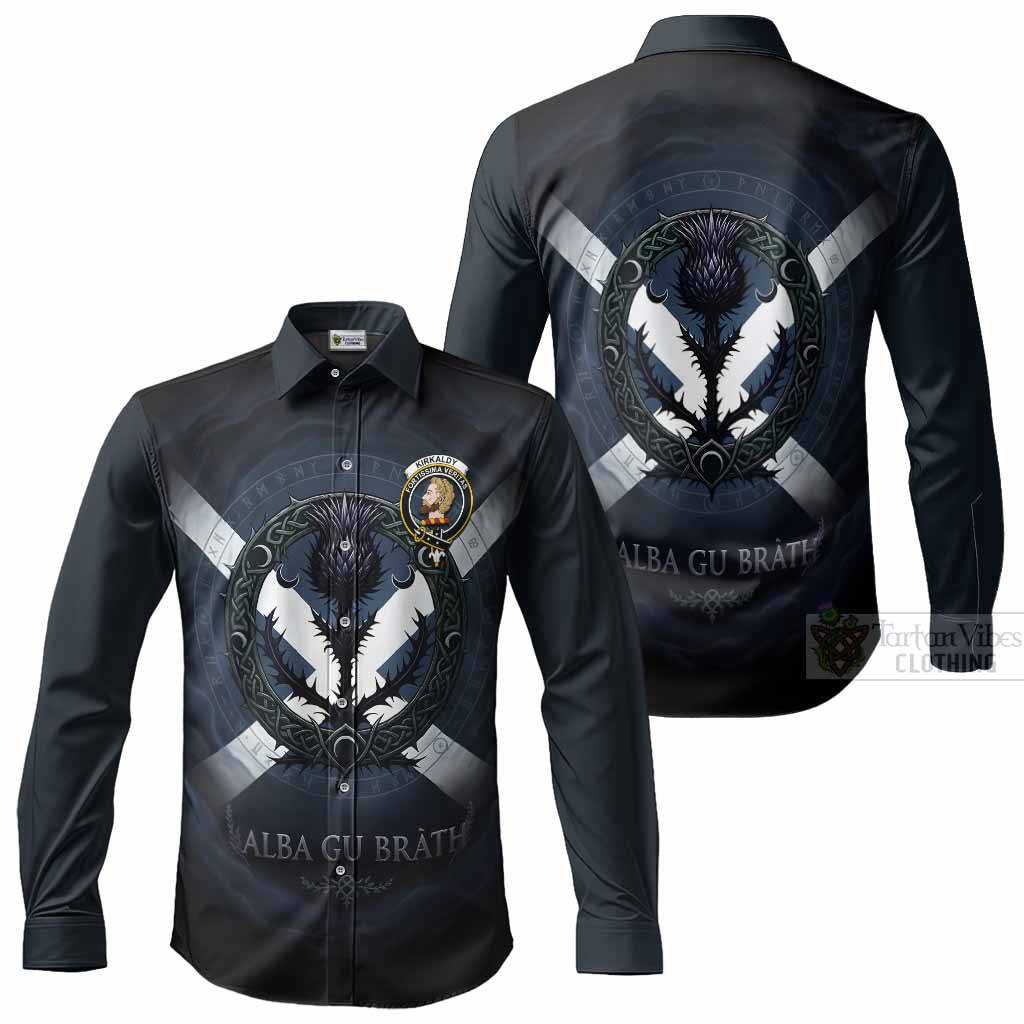 Kirkaldy Clan Crest Long Sleeve Button Shirts with Celtic Knot Thistle and Saltire