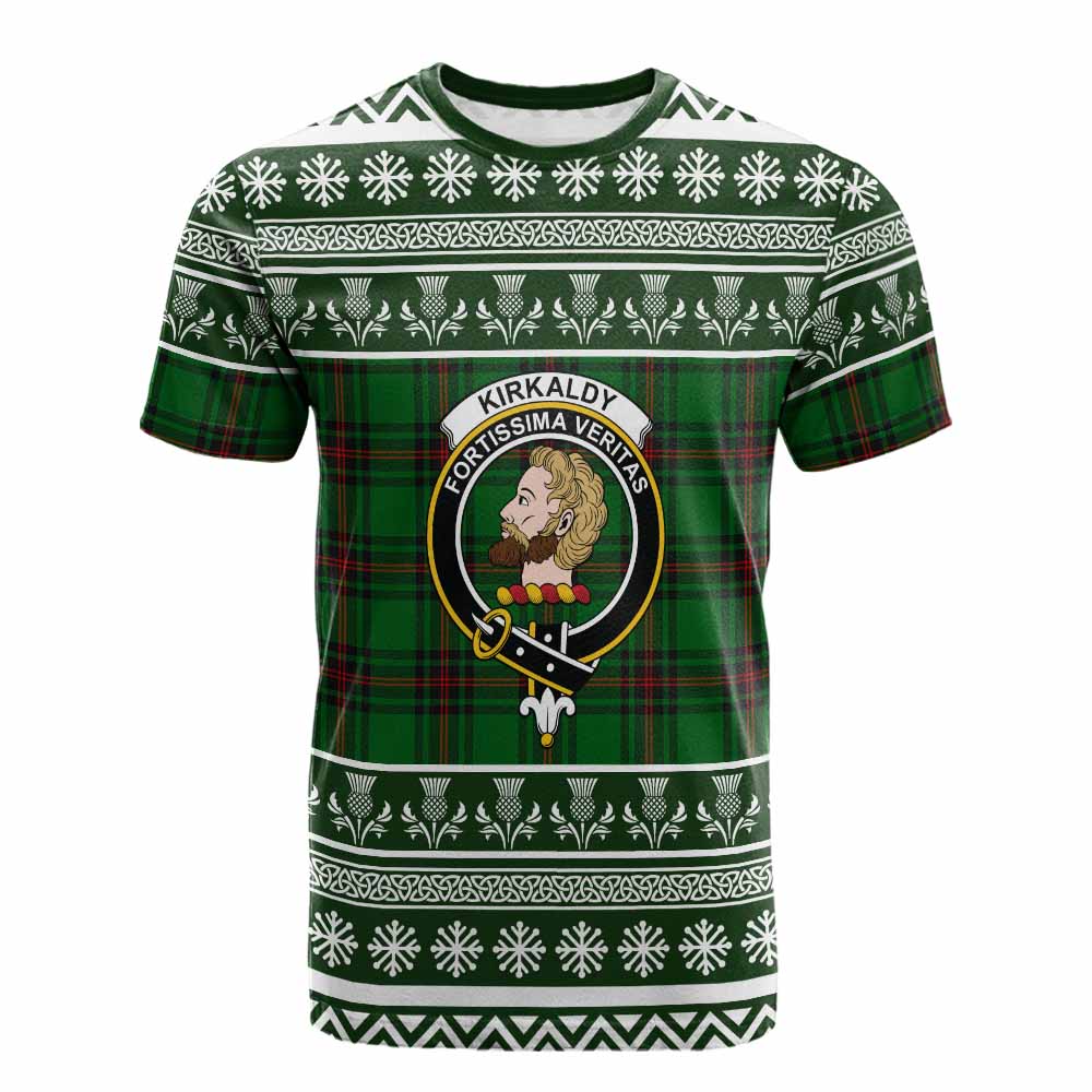Kirkaldy Clan Tartan Christmas Cotton T-shirt with Family Crest - Tartan Vibes Clothing