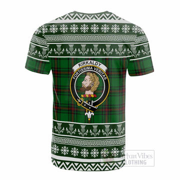 Kirkaldy Clan Tartan Christmas Cotton T-shirt with Family Crest
