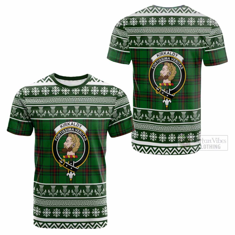 Kirkaldy Clan Tartan Christmas Cotton T-shirt with Family Crest - Tartan Vibes Clothing