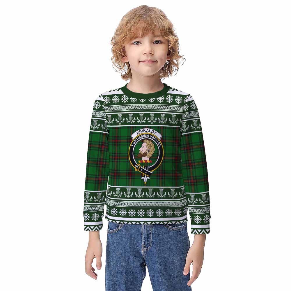 Kirkaldy Clan Tartan Christmas Kid Ugly Sweatshirt with Family Crest - Tartan Vibes Clothing