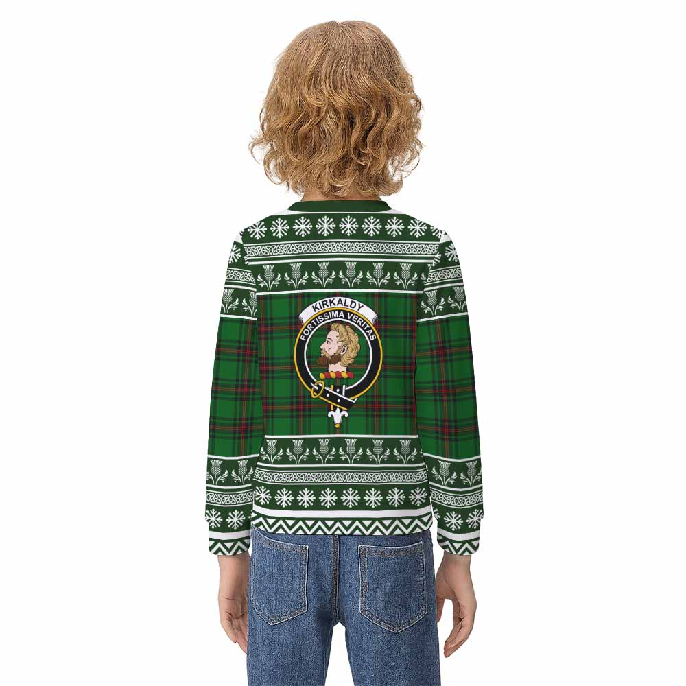 Kirkaldy Clan Tartan Christmas Kid Ugly Sweatshirt with Family Crest - Tartan Vibes Clothing