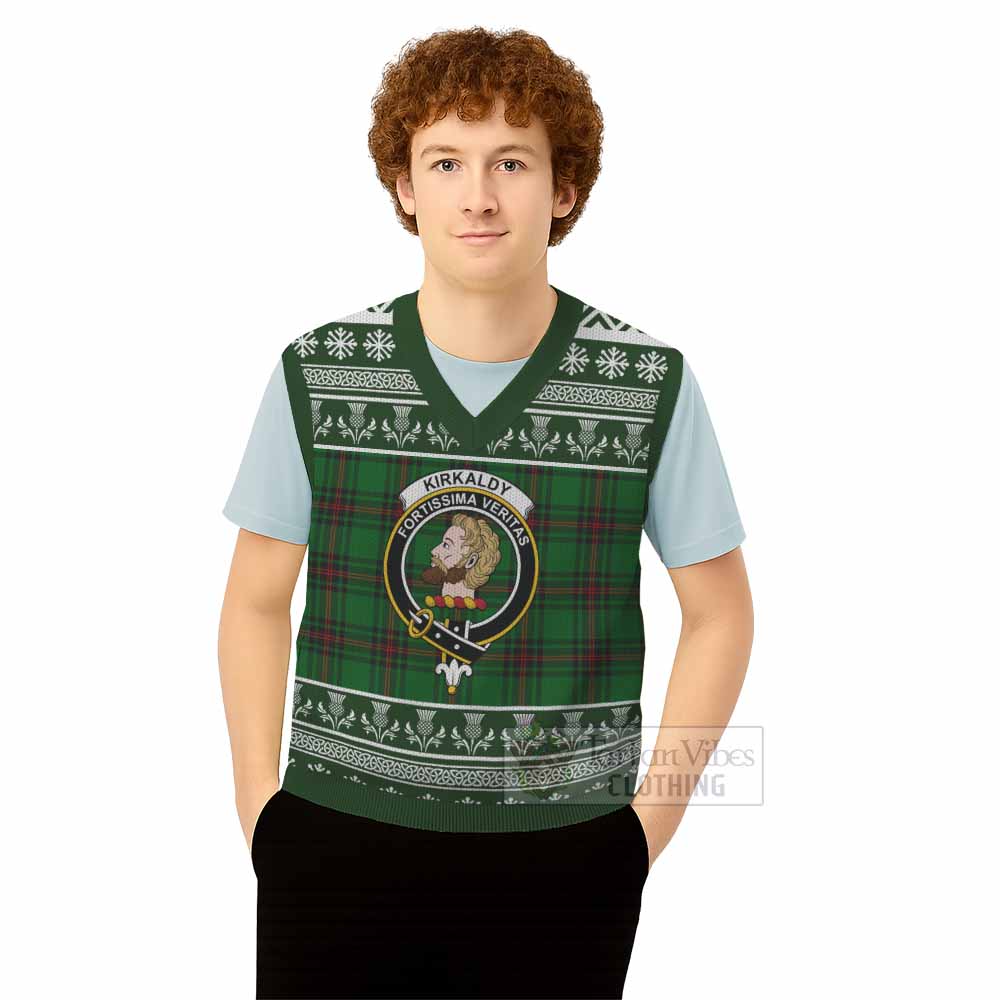 Kirkaldy Clan Tartan Christmas Knitted V-Neck Vest with Family Crest - Tartan Vibes Clothing