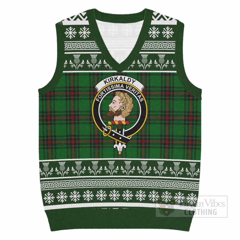 Kirkaldy Clan Tartan Christmas Knitted V-Neck Vest with Family Crest - Tartan Vibes Clothing