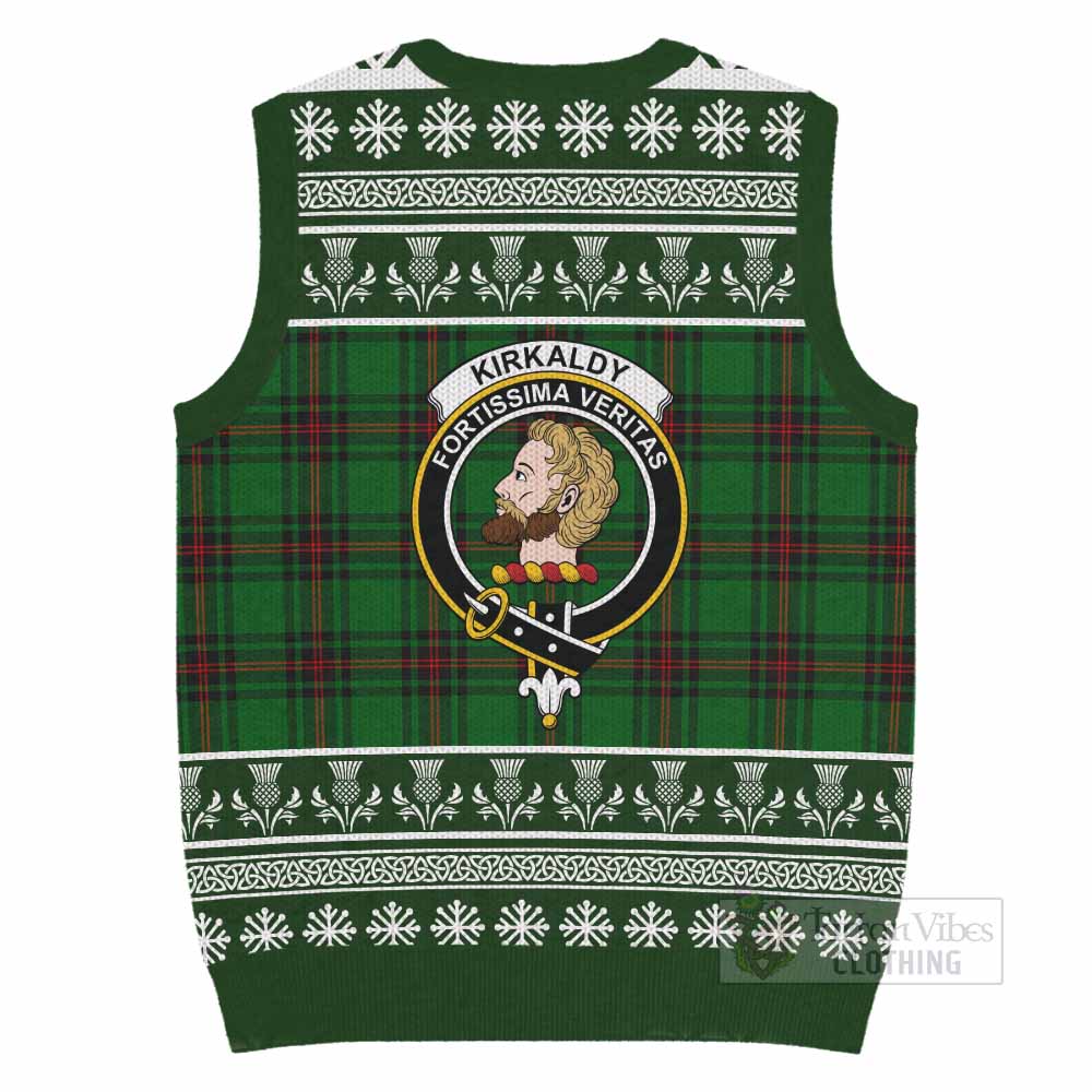 Kirkaldy Clan Tartan Christmas Knitted V-Neck Vest with Family Crest - Tartan Vibes Clothing