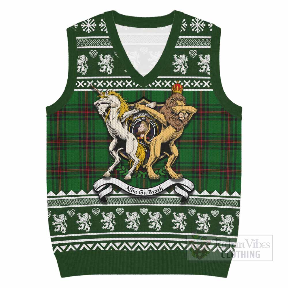 Kirkaldy Clan Tartan Crest Christmas Knitted V-Neck Vest Coat of Arms Funny Style - Tartan Vibes Clothing