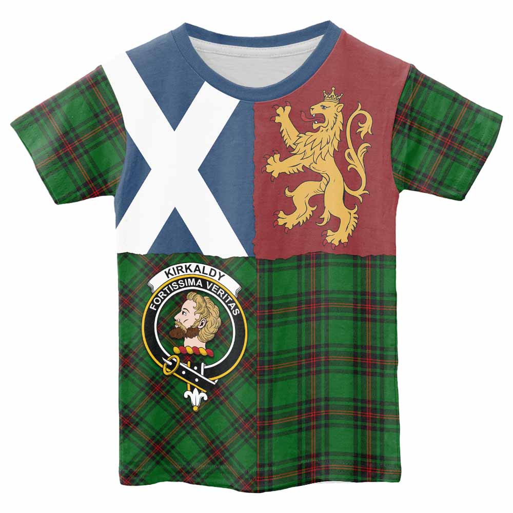 Kirkaldy Crest Tartan Kid T-shirt with Lion Rampant Saltire Style - Tartan Vibes Clothing