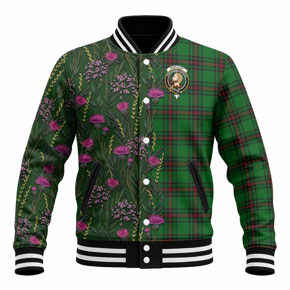 Kirkaldy Family Crest Tartan Baseball Jacket Scottish Thistle Flower Pattern Half Style - Tartan Vibes Clothing