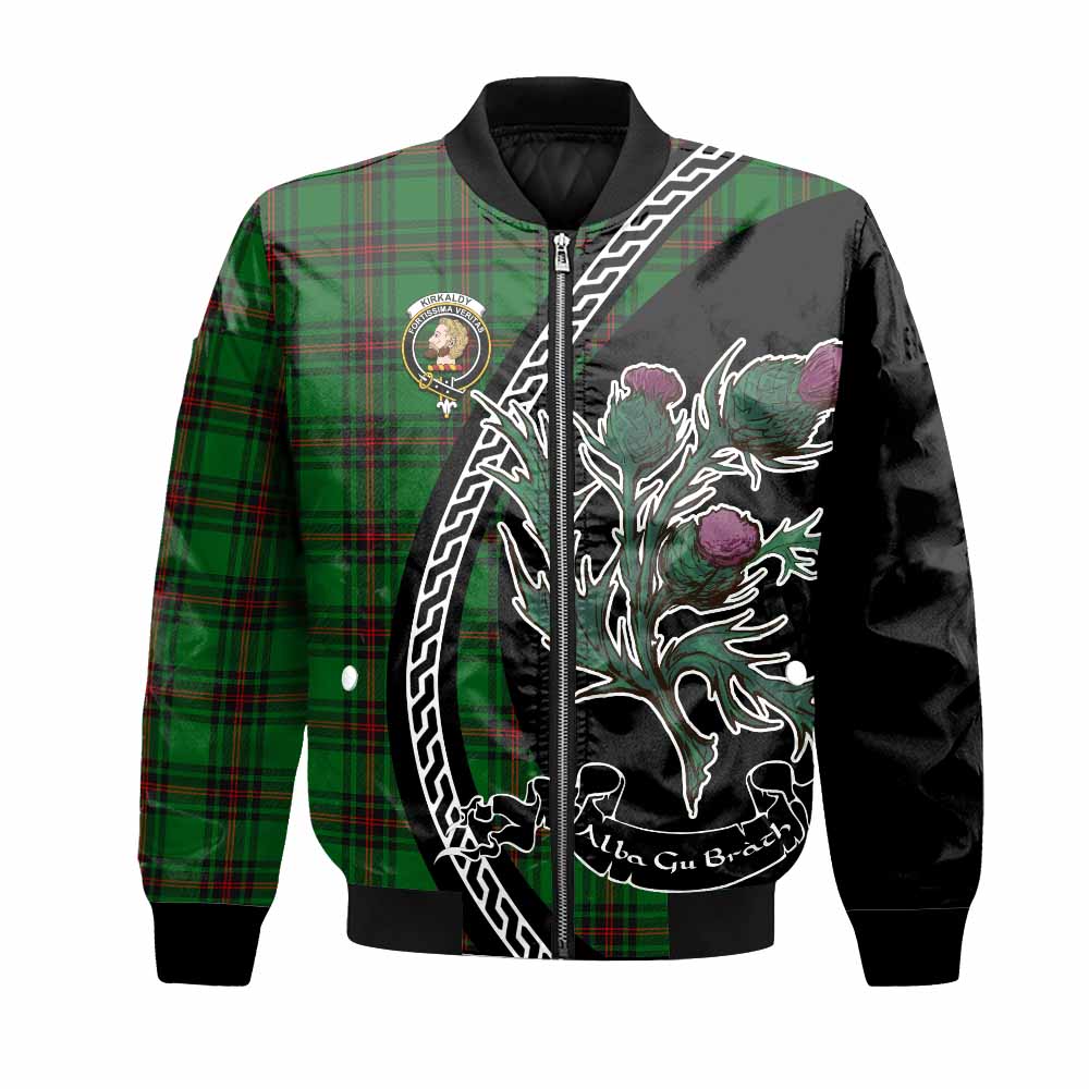 Kirkaldy Family Crest Tartan Bomber Jacket Alba Thistle Inspired - Tartan Vibes Clothing