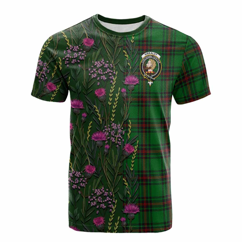 Kirkaldy Family Crest Tartan Cotton T-shirt Scottish Thistle Flower Pattern Half Style - Tartan Vibes Clothing