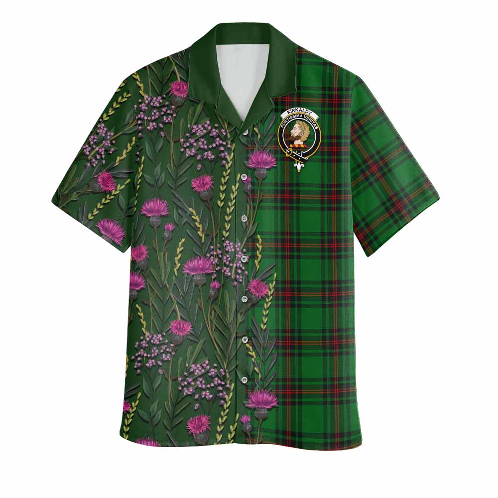 Kirkaldy Family Crest Tartan Hawaiian Shirt Scottish Thistle Flower Pattern Half Style - Tartan Vibes Clothing
