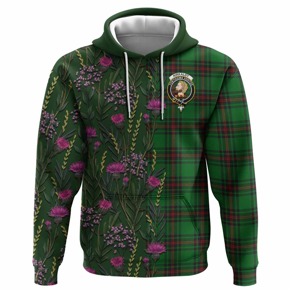 Kirkaldy Family Crest Tartan Hoodie Scottish Thistle Flower Pattern Half Style - Tartan Vibes Clothing