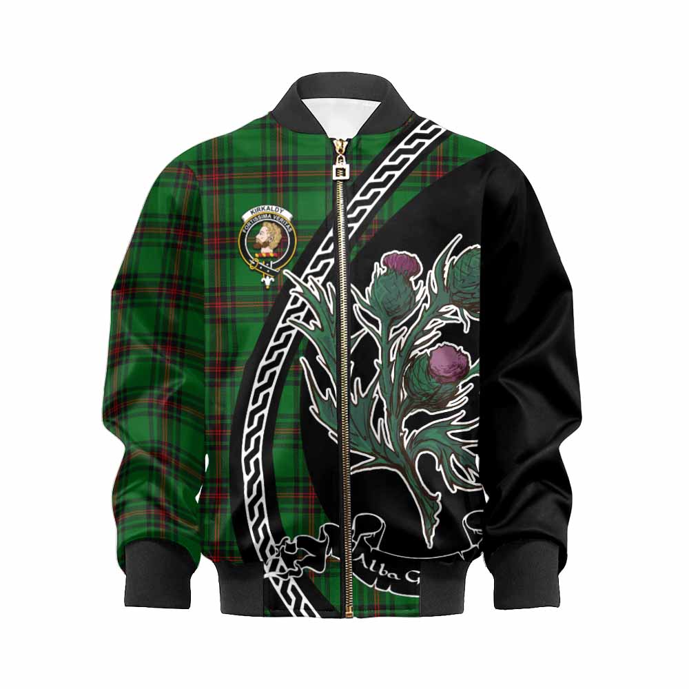 Kirkaldy Family Crest Tartan Kid Bomber Jacket Alba Thistle Inspired - Tartan Vibes Clothing