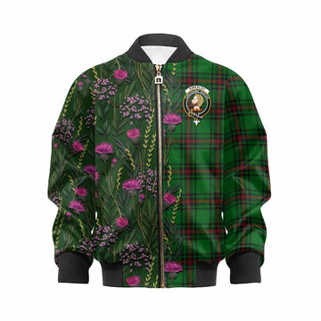 Kirkaldy Family Crest Tartan Kid Bomber Jacket Scottish Thistle Flower Pattern Half Style - Tartan Vibes Clothing