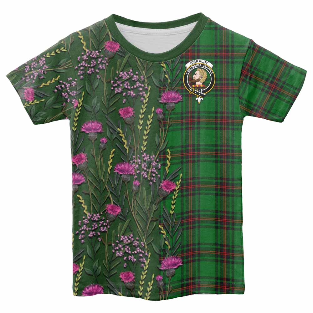 Kirkaldy Family Crest Tartan Kid T-shirt Scottish Thistle Flower Pattern Half Style - Tartan Vibes Clothing