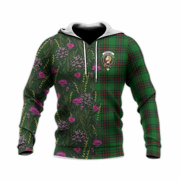 Kirkaldy Family Crest Tartan Knitted Hoodie Scottish Thistle Flower Pattern Half Style