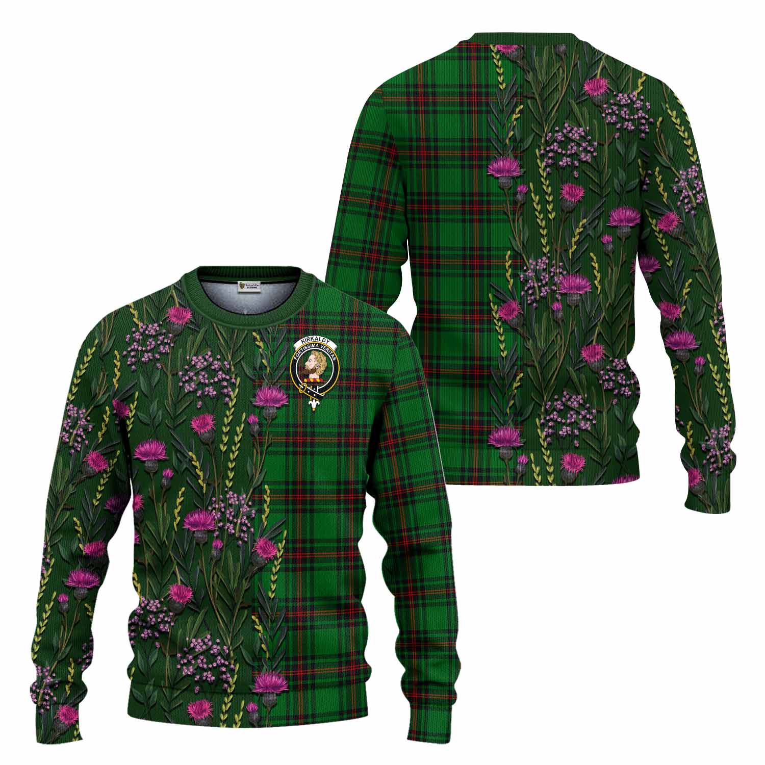Kirkaldy Family Crest Tartan Knitted Sweater Scottish Thistle Flower Pattern Half Style - Tartan Vibes Clothing