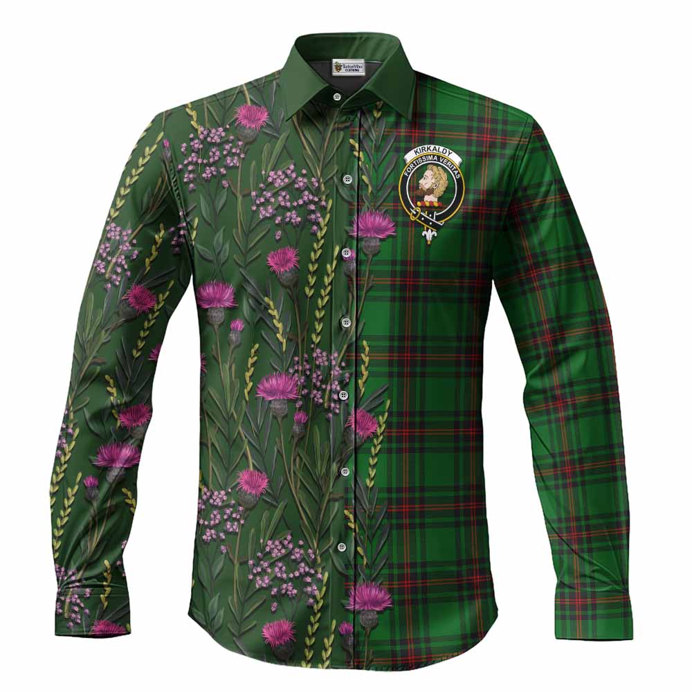 Kirkaldy Family Crest Tartan Long Sleeve Button Shirts Scottish Thistle Flower Pattern Half Style - Tartan Vibes Clothing