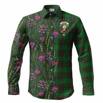 Kirkaldy Family Crest Tartan Long Sleeve Button Shirts Scottish Thistle Flower Pattern Half Style