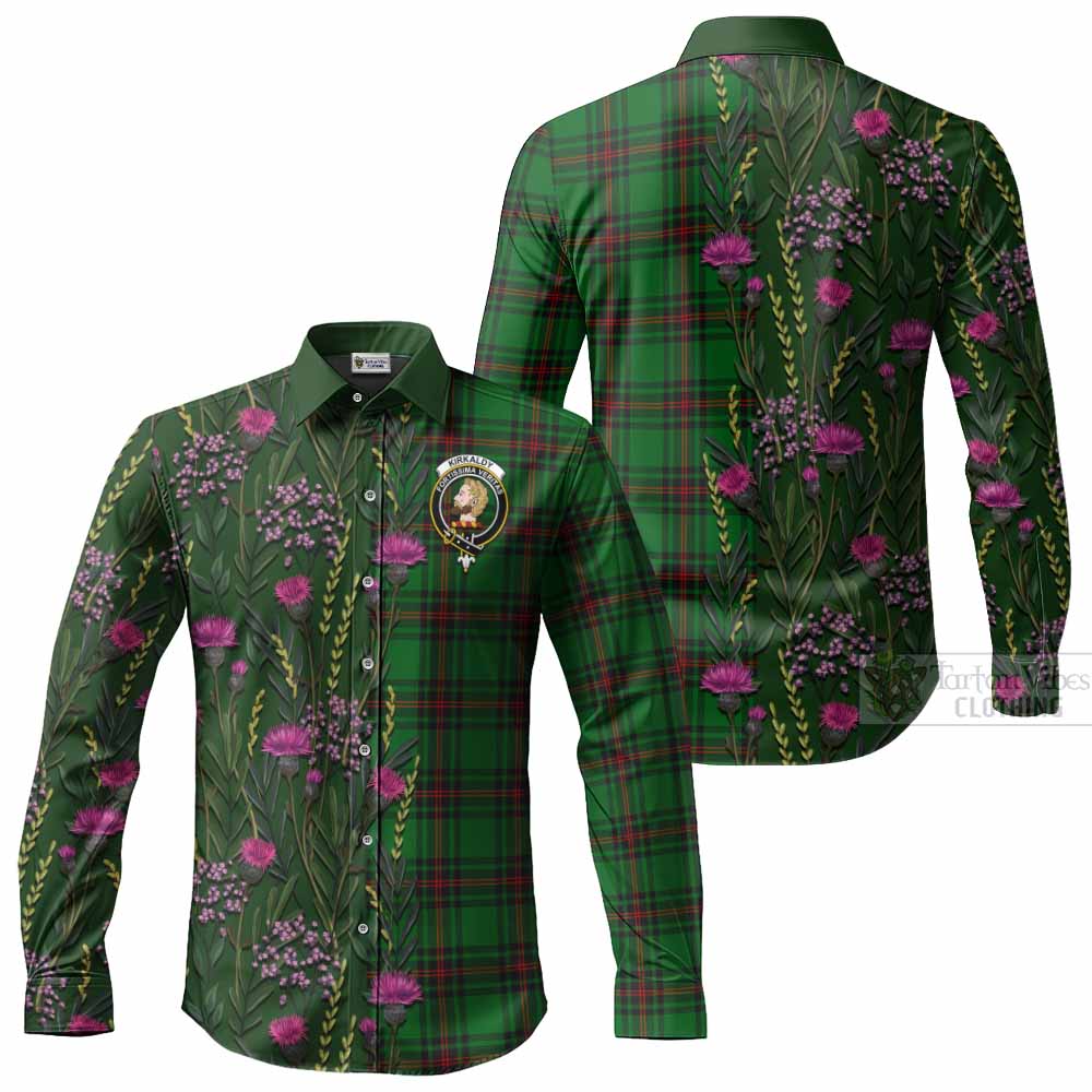 Kirkaldy Family Crest Tartan Long Sleeve Button Shirts Scottish Thistle Flower Pattern Half Style - Tartan Vibes Clothing