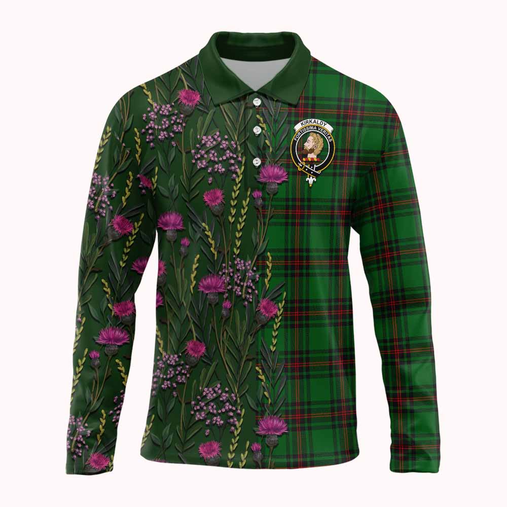Kirkaldy Family Crest Tartan Long Sleeve Polo Shirt Scottish Thistle Flower Pattern Half Style - Tartan Vibes Clothing