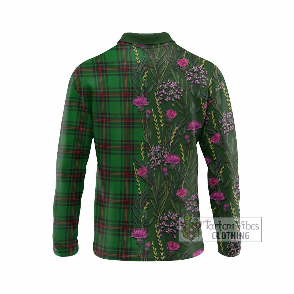 Kirkaldy Family Crest Tartan Long Sleeve Polo Shirt Scottish Thistle Flower Pattern Half Style - Tartan Vibes Clothing