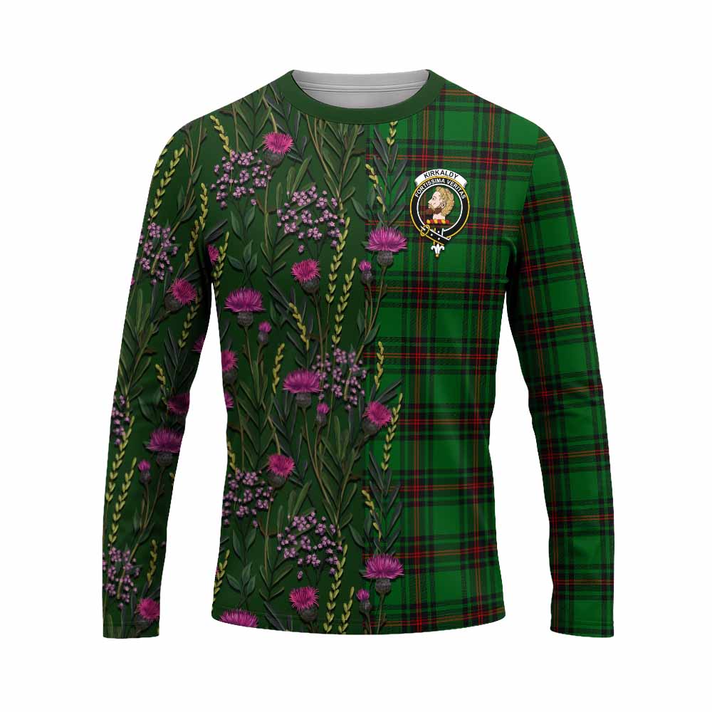 Kirkaldy Family Crest Tartan Long Sleeve T-Shirt Scottish Thistle Flower Pattern Half Style - Tartan Vibes Clothing