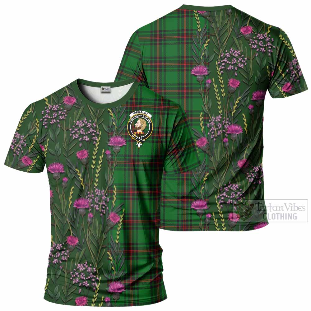 Kirkaldy Family Crest Tartan T-Shirt Scottish Thistle Flower Pattern Half Style - Tartan Vibes Clothing
