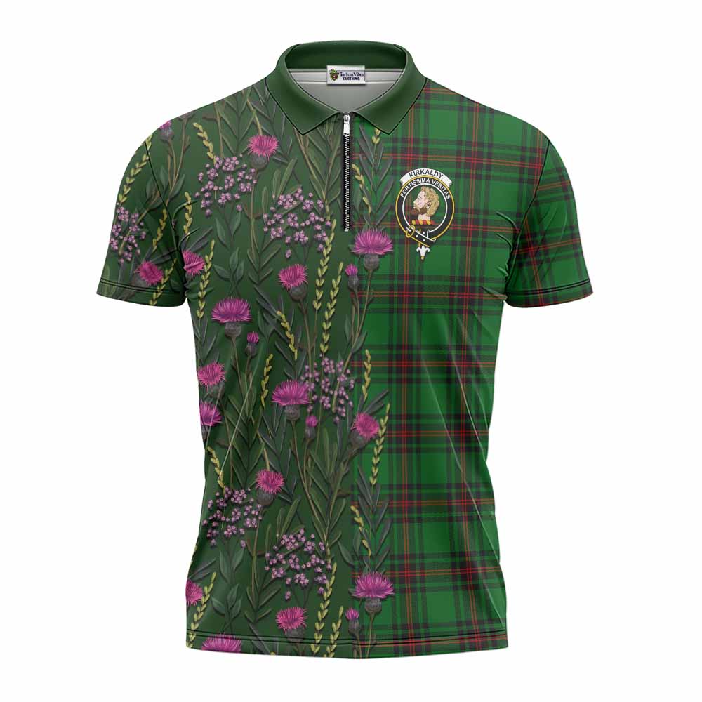 Kirkaldy Family Crest Tartan Zipper Polo Shirt Scottish Thistle Flower Pattern Half Style - Tartan Vibes Clothing