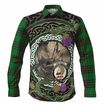 Kirkaldy Tartan Crest Bagpipe Nessie Long Sleeve Button Shirts Scottish Loch Ness Monster Celtic Thistle