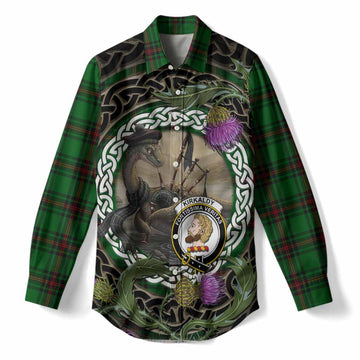 Kirkaldy Tartan Crest Bagpipe Nessie Women Casual Shirt Scottish Loch Ness Monster Celtic Thistle