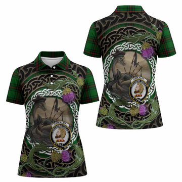 Kirkaldy Tartan Crest Bagpipe Nessie Women Polo Shirt Scottish Loch Ness Monster Celtic Thistle