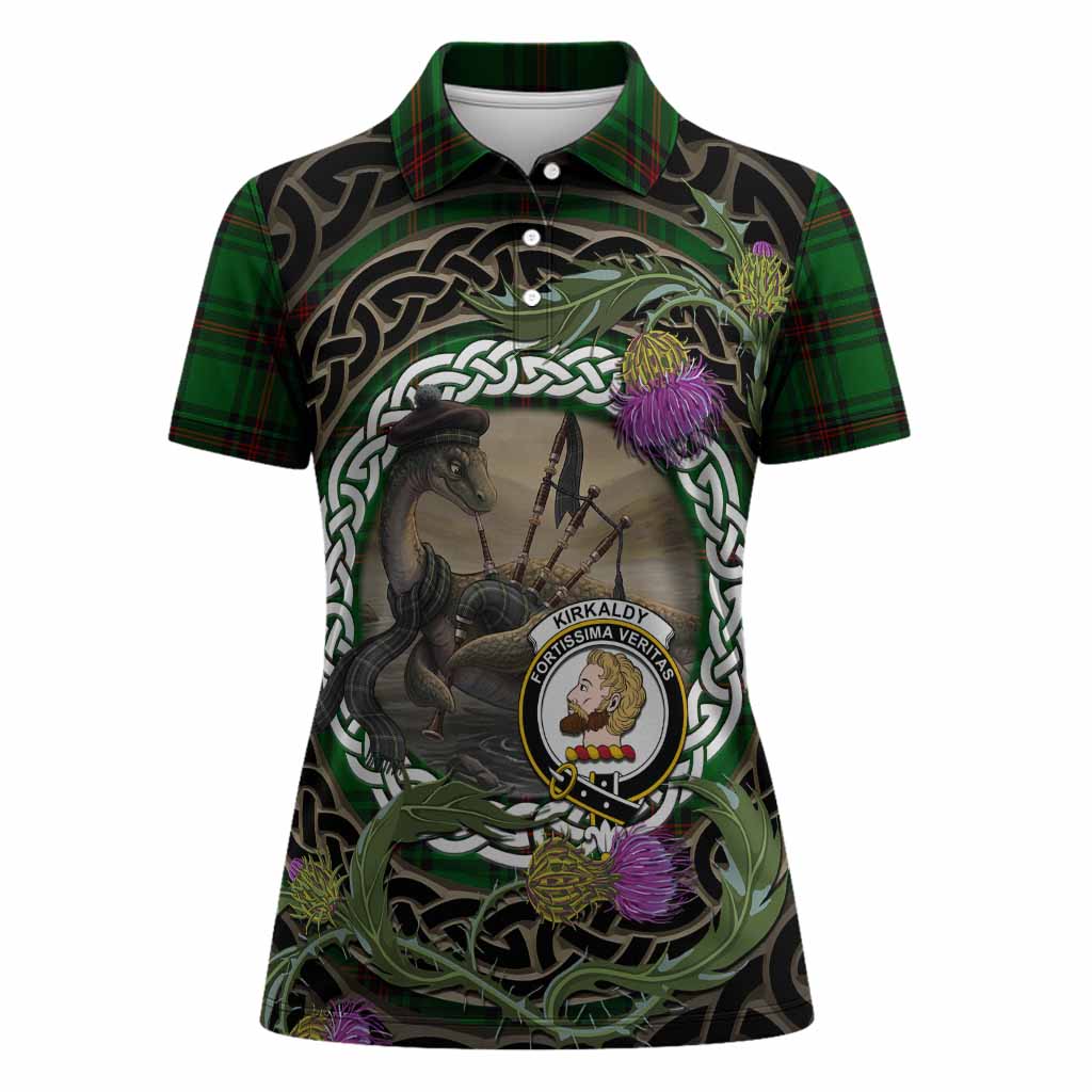 Kirkaldy Tartan Crest Bagpipe Nessie Women Polo Shirt Scottish Loch Ness Monster Celtic Thistle