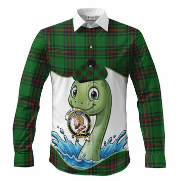 Kirkaldy Tartan Crest Cute Nessie Long Sleeve Button Shirts Scottish Loch Ness Monster