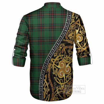 Kirkaldy Tartan Crest Ghillie Shirt Celtic Knot and Triple Trickle Spiral Symbols