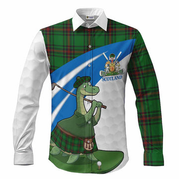 Kirkaldy Tartan Crest Golf Nessie Long Sleeve Button Shirts Loch Ness Monster Sporty Style