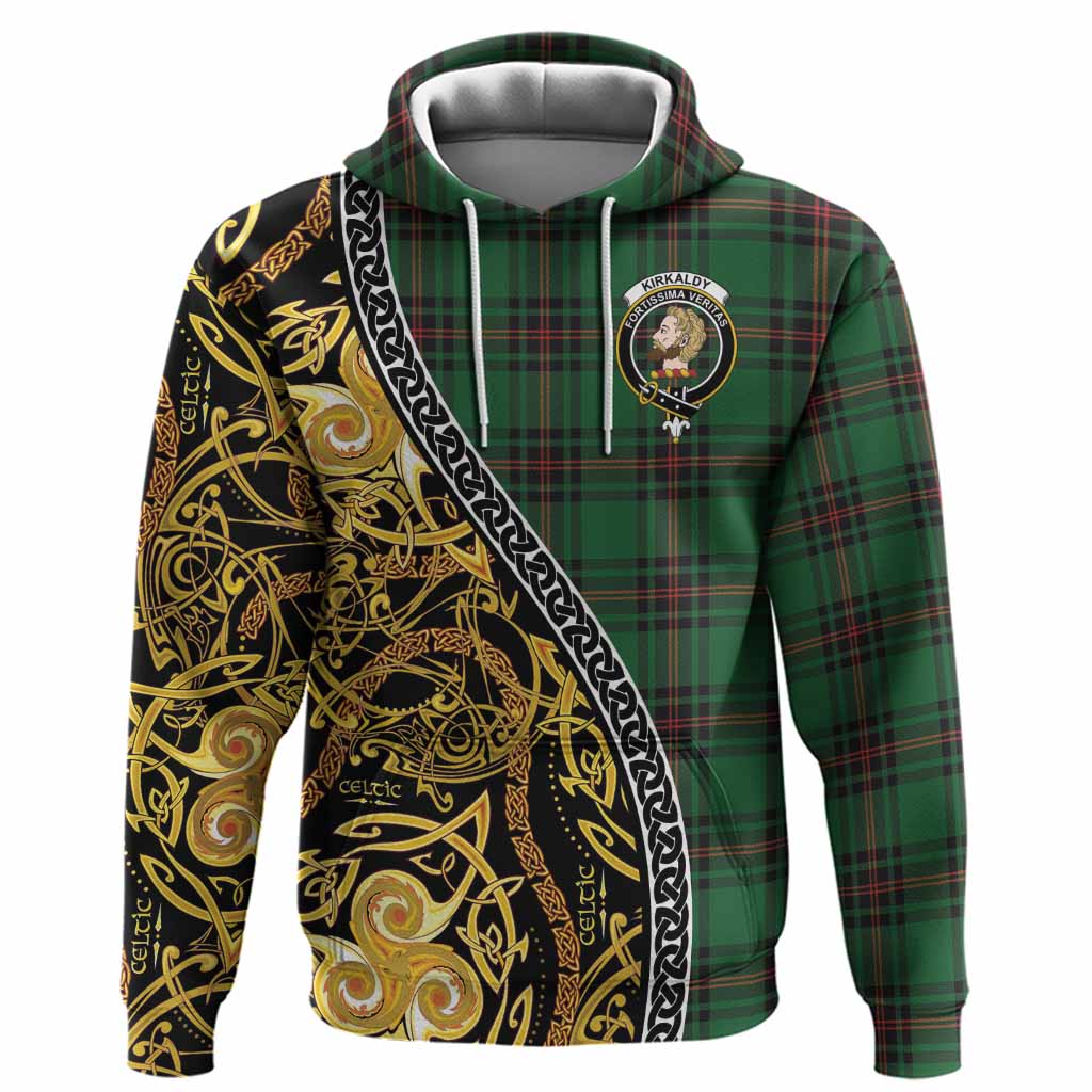 Kirkaldy Tartan Crest Hoodie Celtic Knot and Triple Trickle Spiral Symbols