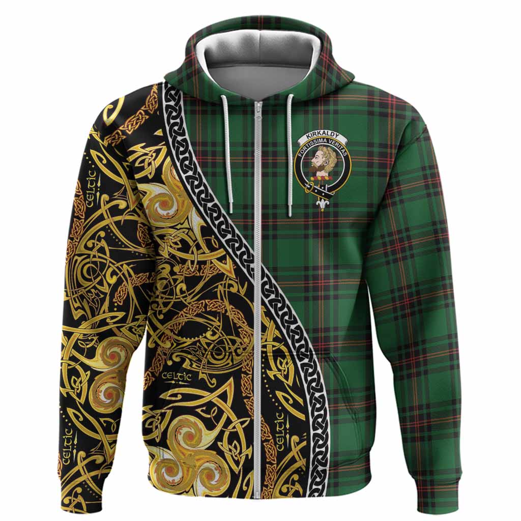 Kirkaldy Tartan Crest Hoodie Celtic Knot and Triple Trickle Spiral Symbols