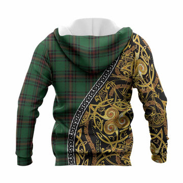 Kirkaldy Tartan Crest Knitted Hoodie Celtic Knot and Triple Trickle Spiral Symbols