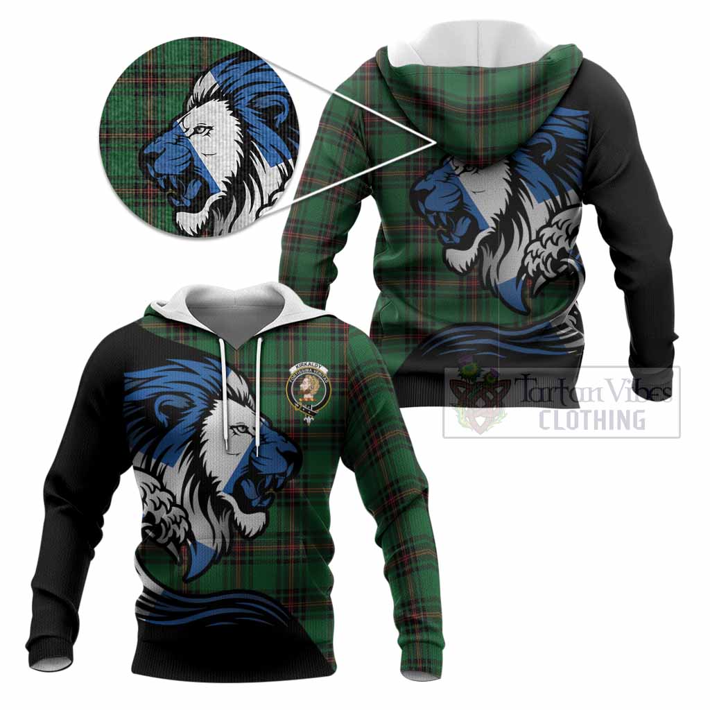 Kirkaldy Tartan Crest Knitted Hoodie Scottish Golden Lions Wave Flow