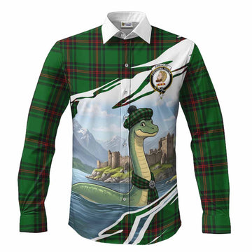 Kirkaldy Tartan Crest Loch Ness Monster Scottish Heritage Art Long Sleeve Button Shirts