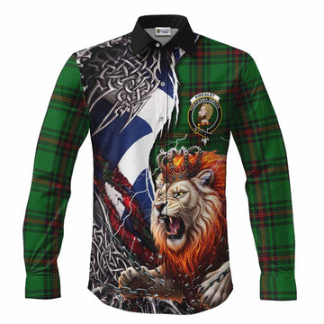 Kirkaldy Tartan Crest Long Sleeve Button Shirts Heritage Flag Grunge Celtic Knot and Lion Rampant