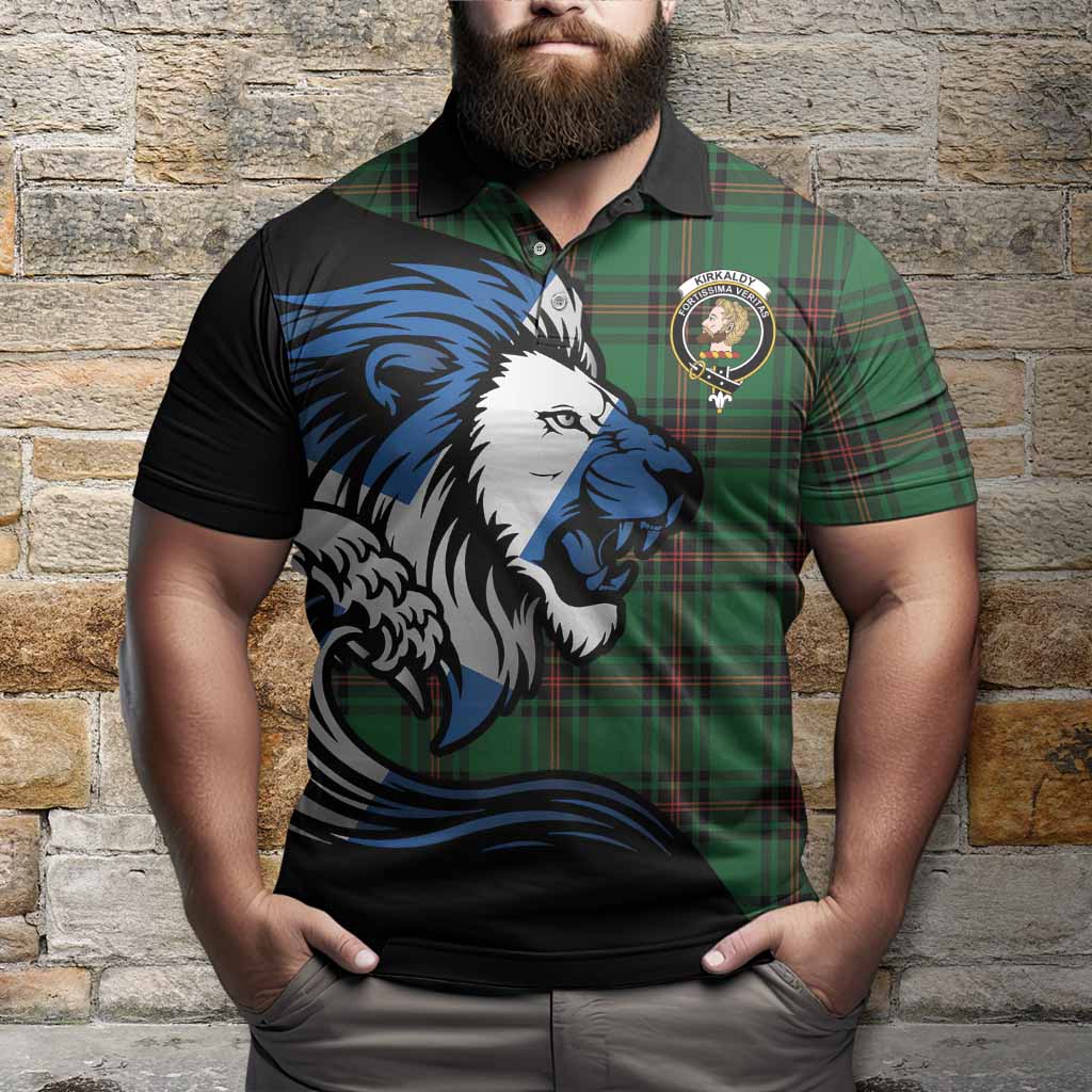 Kirkaldy Tartan Crest Polo Shirt Scottish Golden Lions Wave Flow