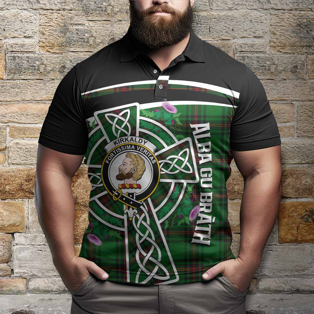 Kirkaldy Tartan Crest Polo Shirt Scottish Thistle Celtic Cross Alba Gu Brath