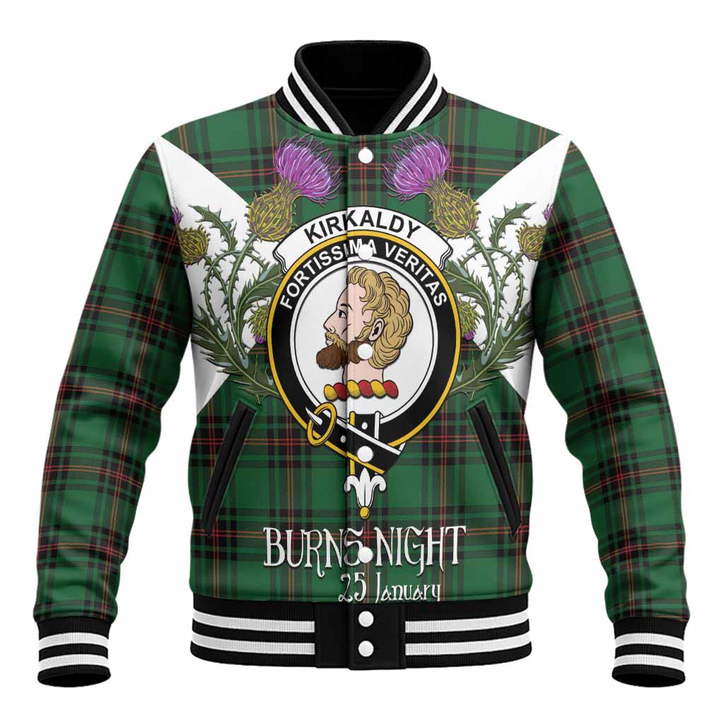 Kirkaldy Tartan Family Crest Baseball Jacket Scottish Burns Night Thistle Floral
