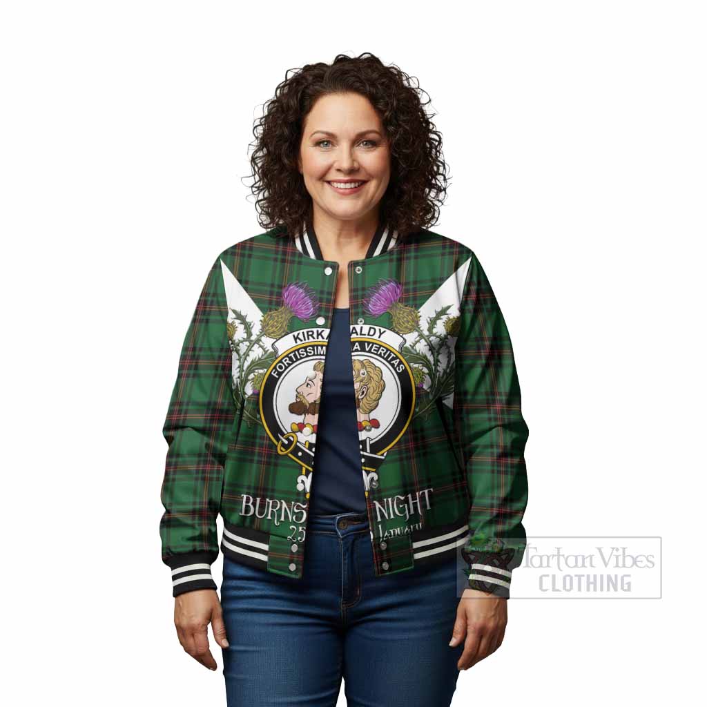 Kirkaldy Tartan Family Crest Baseball Jacket Scottish Burns Night Thistle Floral