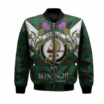 Kirkaldy Tartan Family Crest Bomber Jacket Scottish Burns Night Thistle Floral