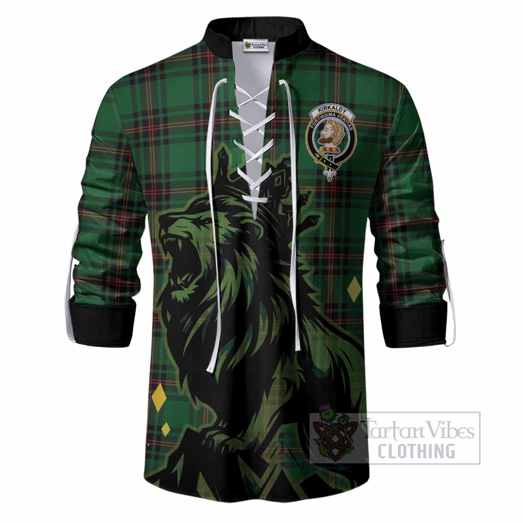 Kirkaldy Tartan Family Crest Ghillie Shirt Crowned Lion Roaring