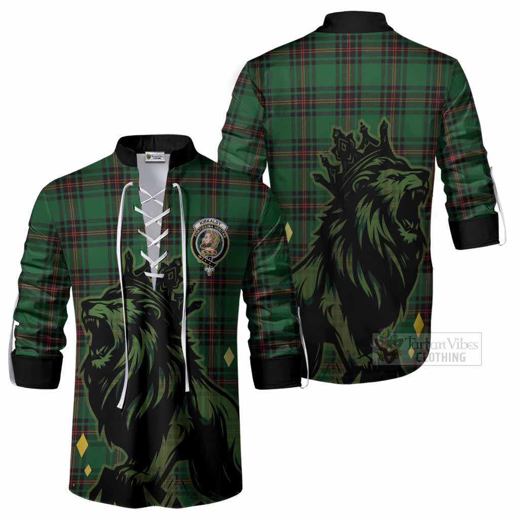 Kirkaldy Tartan Family Crest Ghillie Shirt Crowned Lion Roaring